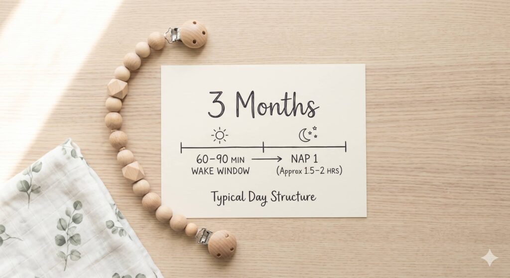 Visual guide showing the 60-90 minute baby wake windows and typical sleep cycle for a 3 month old baby schedule