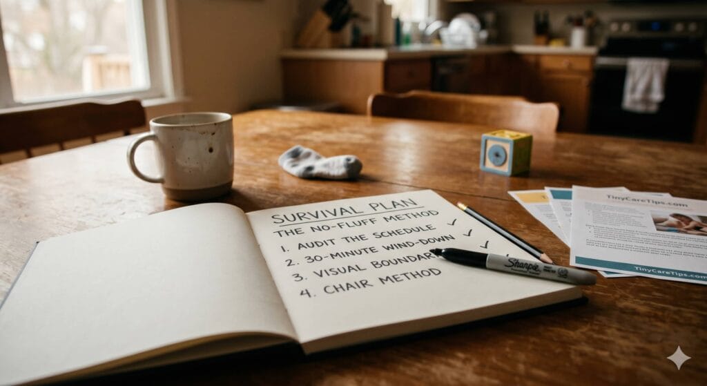 A high-quality conceptual photograph illustrating the key steps of the survival plan for the 18-month sleep regression, like auditing the schedule and using visual boundaries.