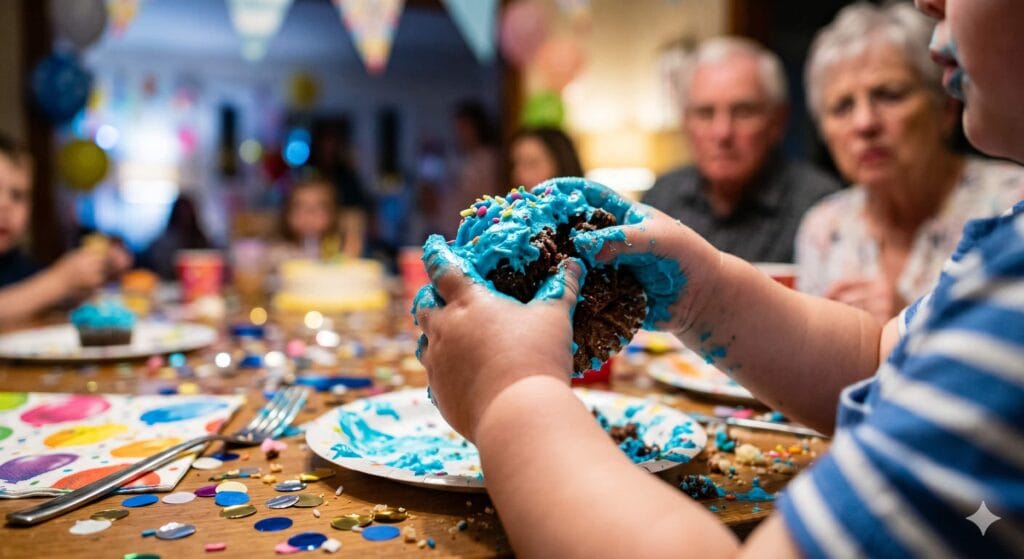 Close-up photograph of a toddler's messy hands covered in blue frosting, illustrating the struggle of setting healthy sugar boundaries.