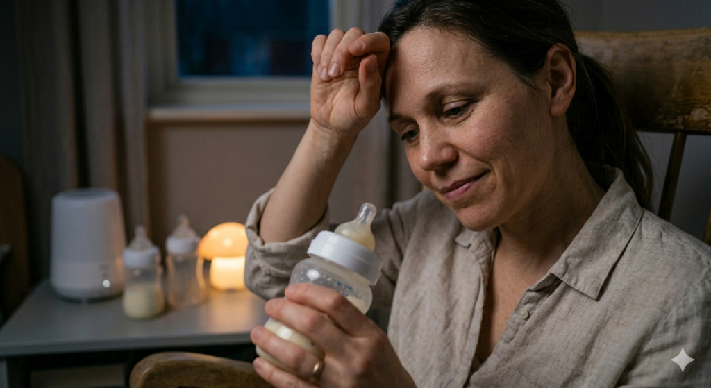 A tired mother questioning herself while managing a challenging 4 month old feeding routine and avoiding common mistakes