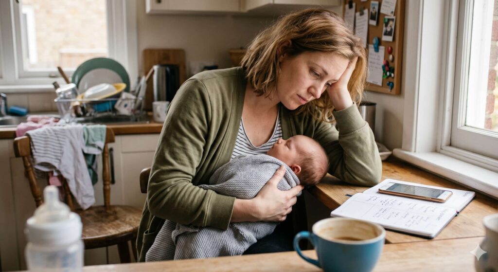 Tired mother holding sleeping infant while managing the mental load