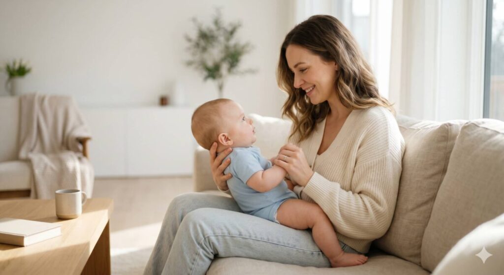 A mother calmly observing her baby, learning about potential red flags in baby development milestones without panic.