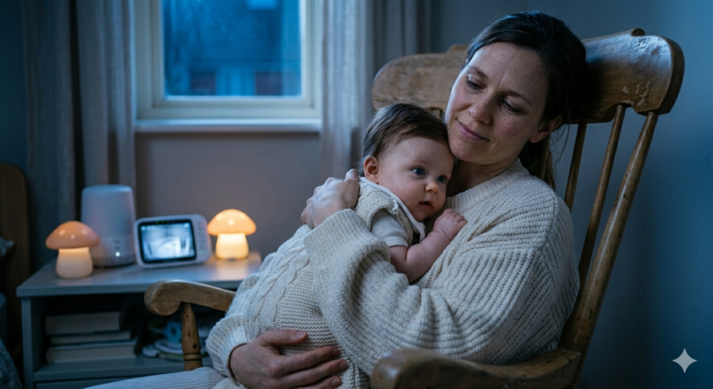 A mother comforting her baby during the 4 month sleep regression and nighttime feeding routine