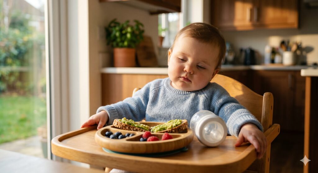 A sleepy, milk-drunk 10-month-old baby girl ignoring untouched solid food on a high chair tray - illustrating the importance of a 3-hour gap in a 10-month-old feeding schedule.