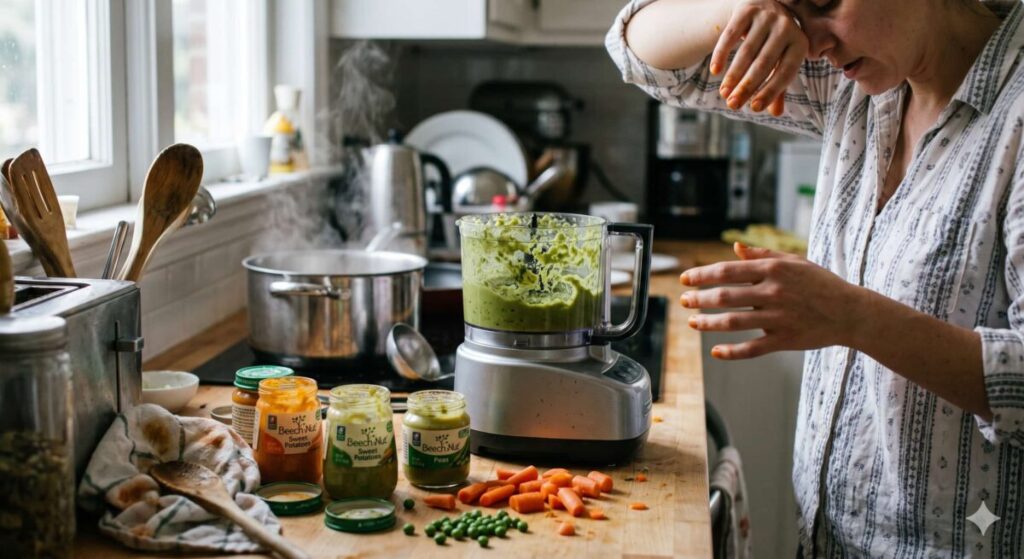 A candid, realistic, and documentary-style lifestyle photograph captured in a cluttered home kitchen. The central focus is a busy counter covered in a minor, but real, mess: a used food processor with remnants of green purée, several open baby food jars (like Beech-Nut sweet potatoes), scattered chopped carrots and peas, and a steaming pot on a stovetop. A mother's hands, slightly stained orange, are visible wiping her brow, expressing exhaustion. The lighting is soft and natural from a window, making the scene feel very real and authentic, not like a polished advertisement. Shallow depth of field, 4k resolution