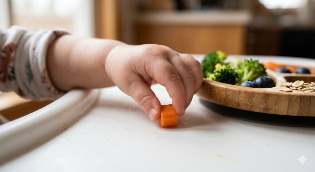 Extreme close-up of a 10-month-old baby using pincer grasp to pick up steamed carrot as part of a 10-month-old feeding schedule.