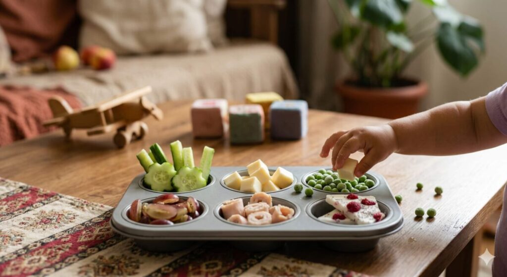 A high-angle, naturally-lit shot of a muffin tin charcuterie board for toddlers on a low coffee table. It is filled with cucumber flowers, high-fat cheddar cheese, frozen peas, grapes, and fragments of frozen yogurt bark. A toddler's plump hand reaches in from the right to graze, with a few peas scattered outside the tin