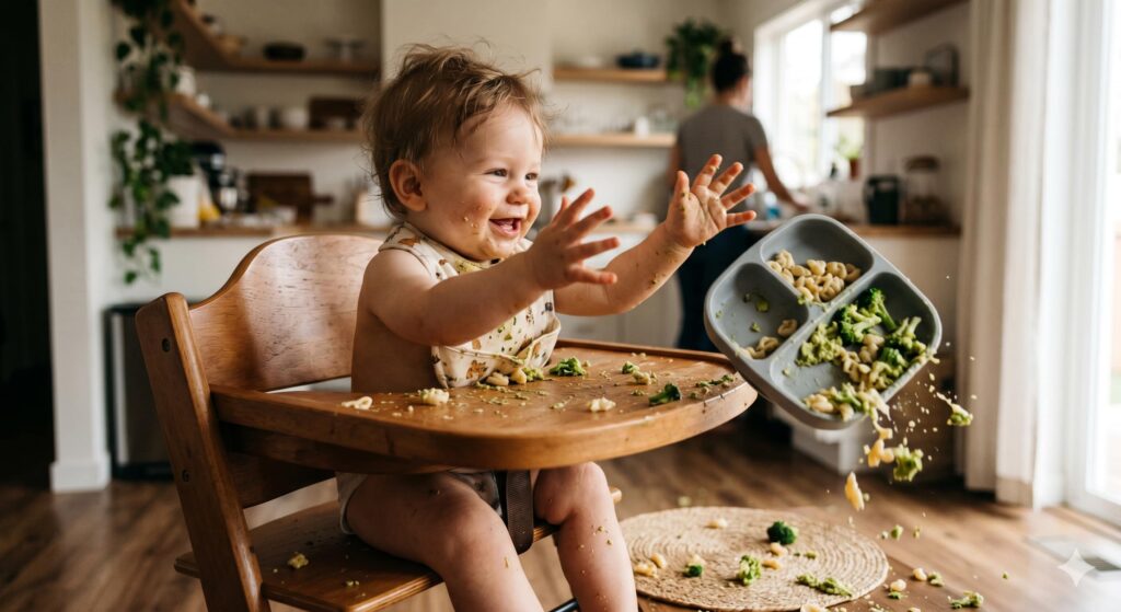 A mischievous 10-month-old baby girl gleefully throwing a suction plate and spilling pasta and broccoli on the high chair and floor, illustrating the common challenge of gravity experiments in a 10-month-old feeding schedule