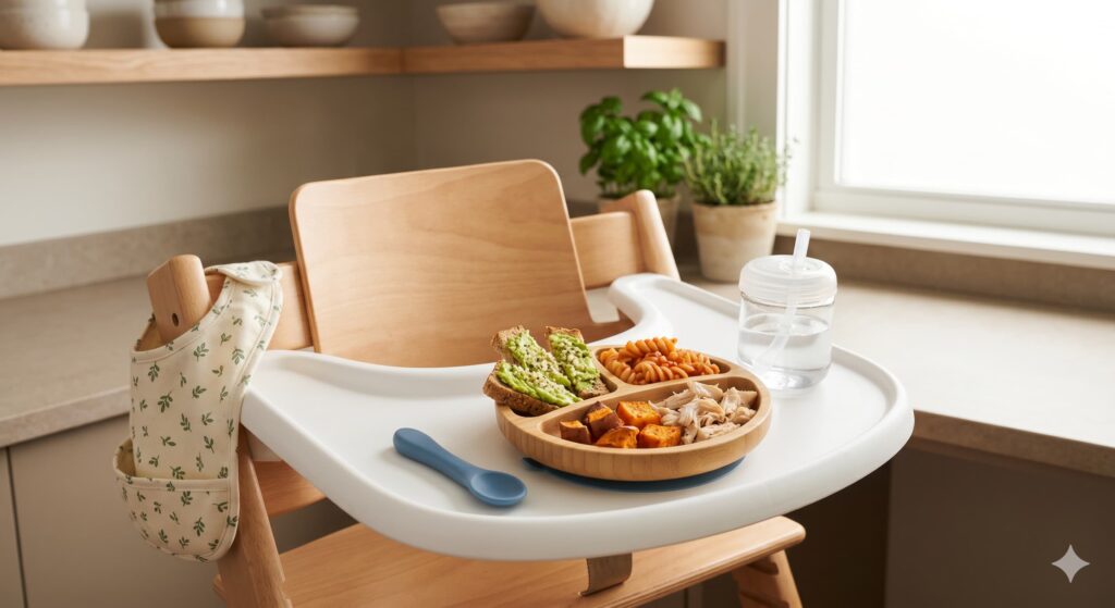 A bamboo suction plate with diverse, colorful finger foods for breakfast, lunch, and dinner, as part of a 10-month-old feeding schedule