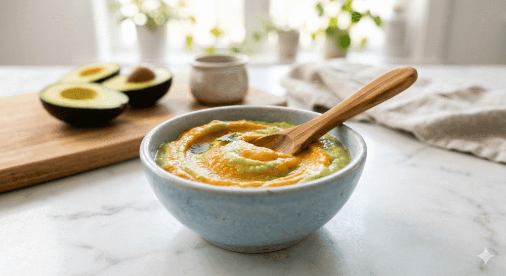 Avocado and sweet potato puree, one of the best high calorie baby foods for sleep