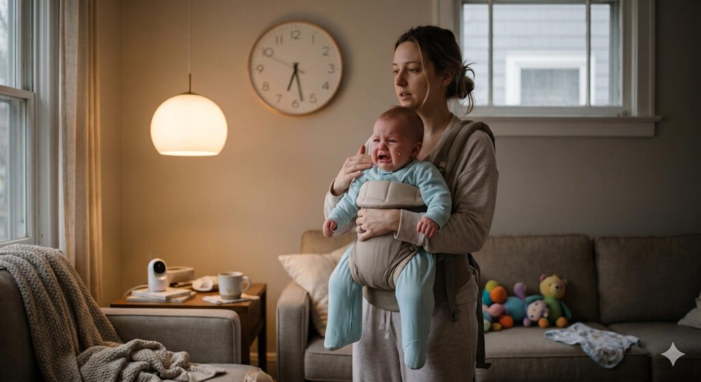 A mother using a baby carrier to soothe her crying 2-month-old infant during the evening witching hour, showcasing real-life struggles and solutions in a 2 month old feeding routine