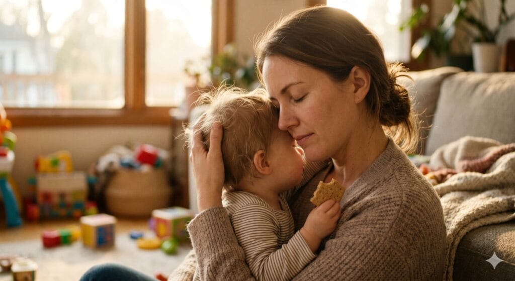 A mother and toddler sharing a tender hug, illustrating how to overcome mom guilt and maintain healthy sugar boundaries for toddlers.