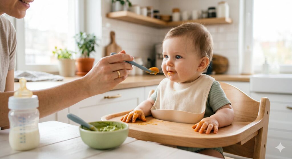 Starting practice bites with avocado and sweet potato in a 5 month old feeding routine