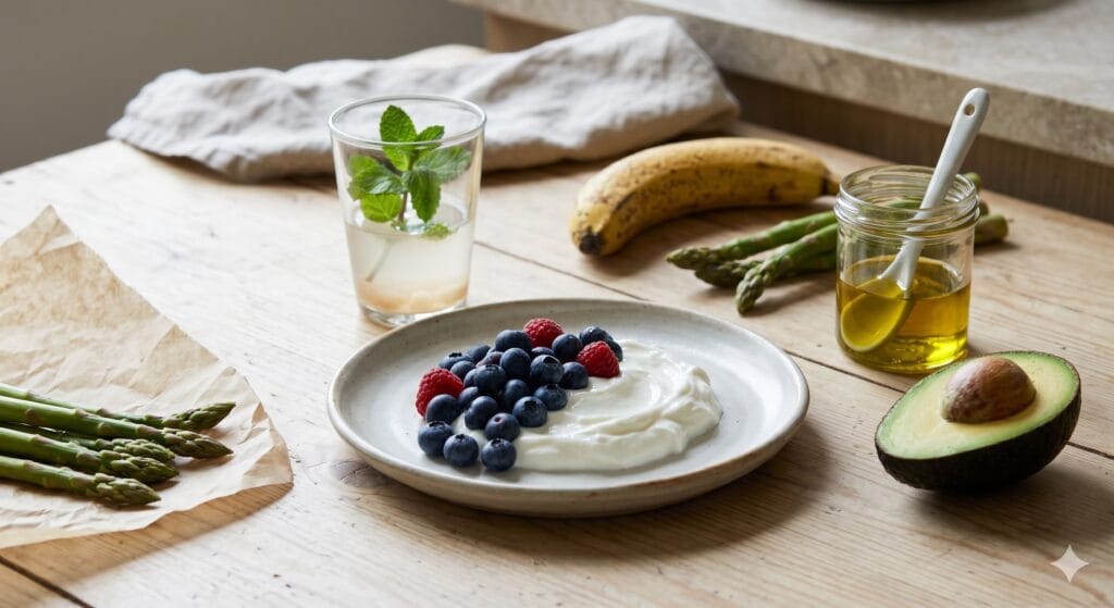 minimalist flat-lay of baby bowls with greek yogurt and blueberries on a linen cloth, representing fueling the immune army