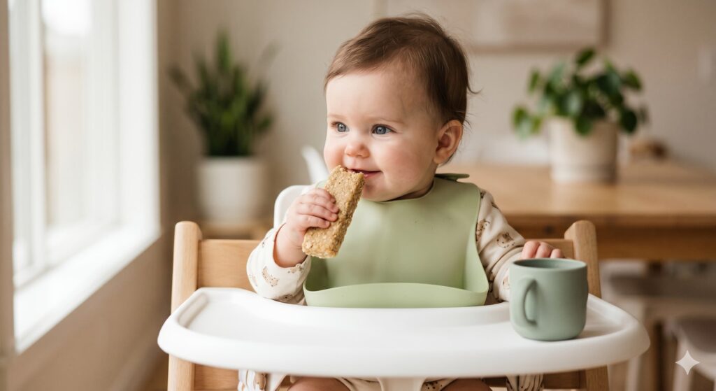 9-month-old baby holding a soft oat and banana snack bar, practicing self-feeding skills in a high chair