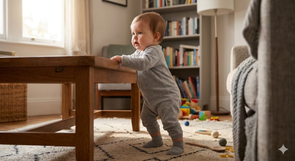 A detailed candid photograph of a baby actively exploring and cruising along a sturdy coffee table in a baby-proofed living room with anchoring furniture.
