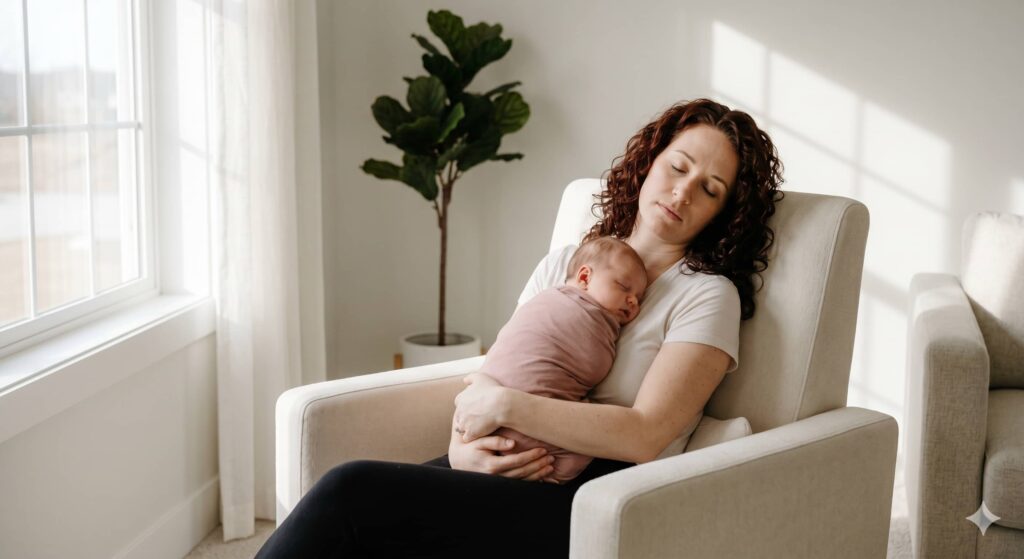 Conceptual and aesthetic photograph focusing on a visibly weary new mother with auburn hair, sitting in a serene minimalist living room and taking a quick break with her half-asleep baby wrapped in dustypink swaddle, illustrating the emotional overload and mental burnout of a 1 month old feeding routine, on Tiny Care Tips.