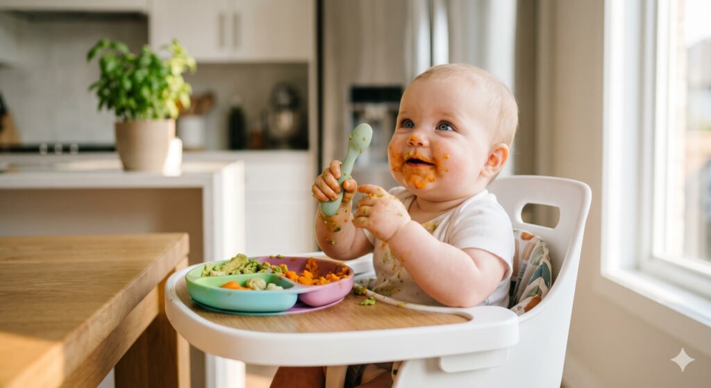 9-month-old baby feeding schedule: A happy baby exploring finger foods and self-feeding in a high chair