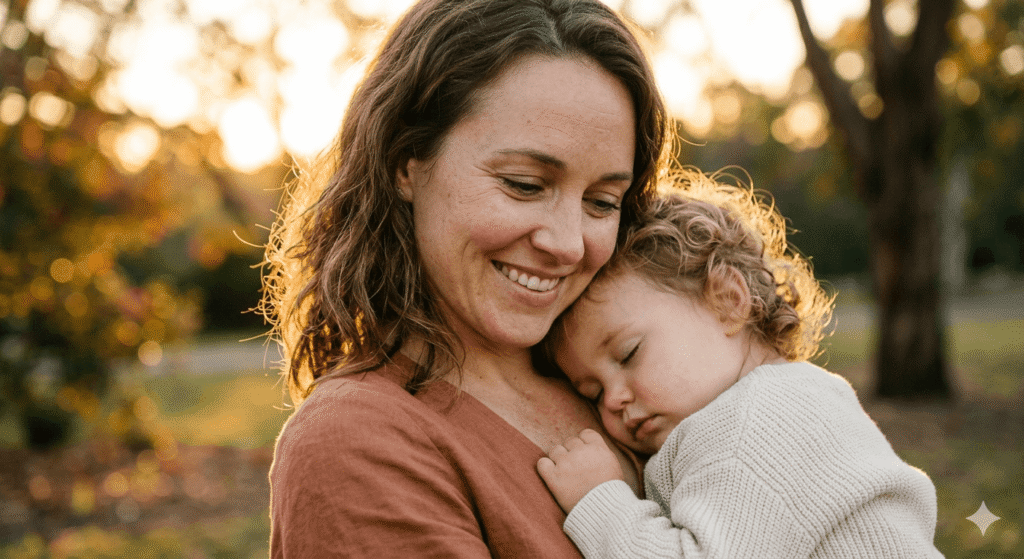 A mother lovingly embracing her sleeping toddler after finding a peaceful screen time routine with low dopamine shows.