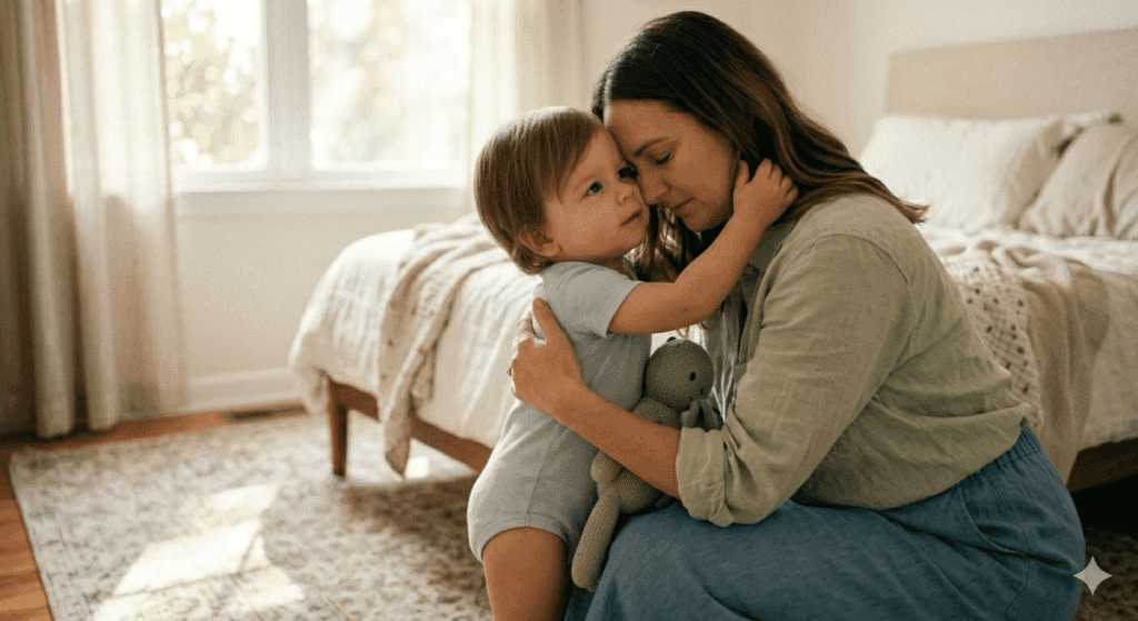 Mother hugging her toddler after a stressful moment, depicting parenting guilt and emotional connection, overcoming the yelling trap in positive discipline, helpful content for overwhelmed moms.