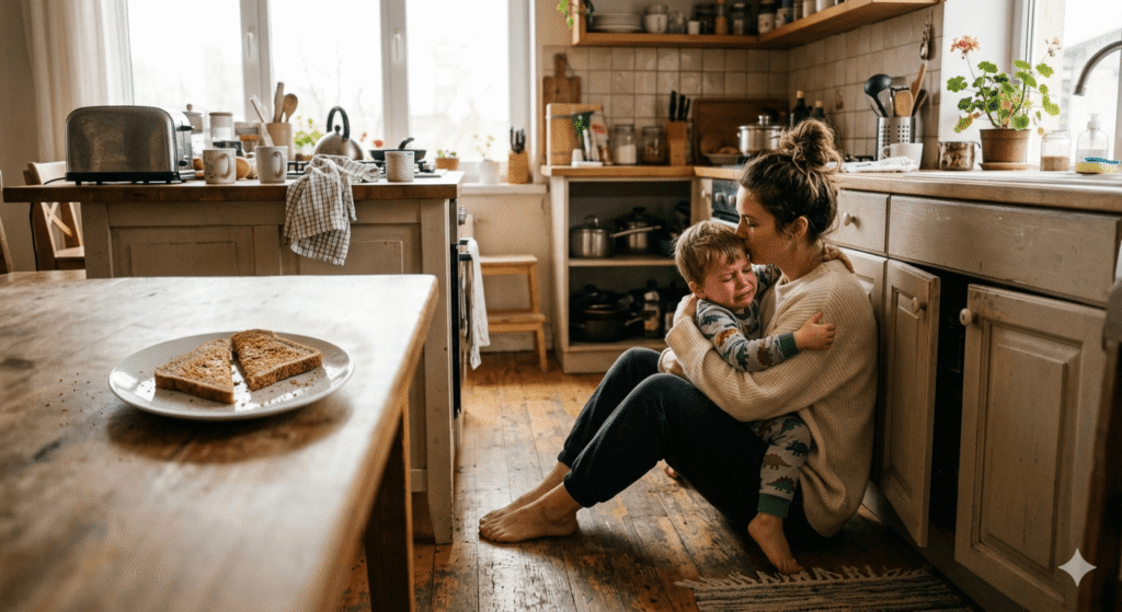 Mother hugging crying toddler on kitchen floor using gentle discipline alternatives.