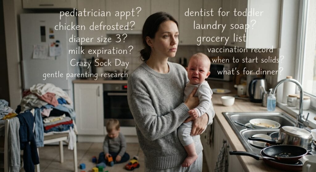 An overwhelmed young mother in a messy kitchen holding a baby, with floating chalk-like text around her head representing the invisible mental load of motherhood and cognitive labor overload.
