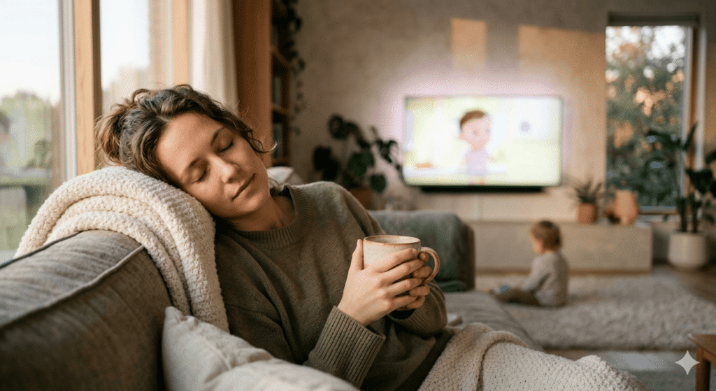 A weary mother finding peace and letting go of screen time guilt as her toddler is occupied with low dopamine shows.