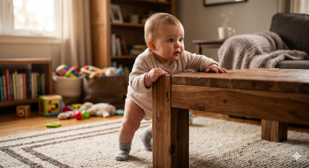 A close-up of a determined 10-month-old baby girl tensing her arms and muscles to pull up to stand on a sturdy coffee table during the baby cruising stage.