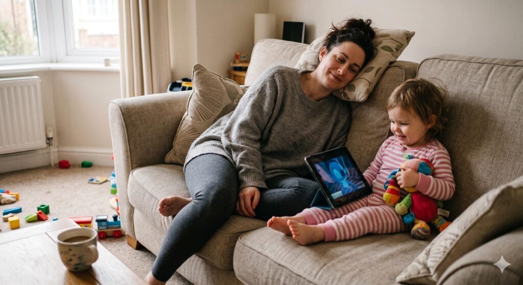 mother feeling toddler screen time guilt while child uses iPad