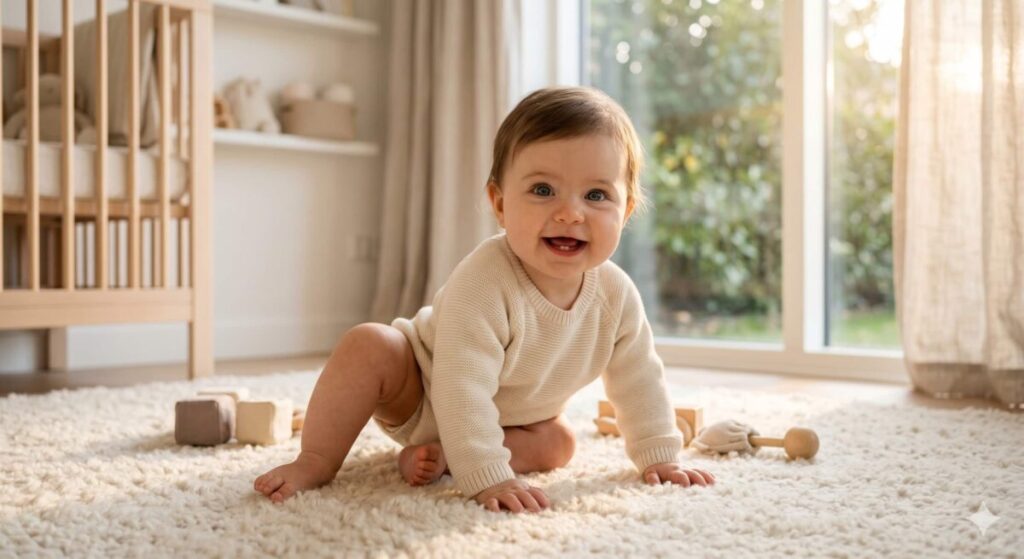 A joyful baby hitting 6-12 month baby development milestones while playing in a sunlit nursery.