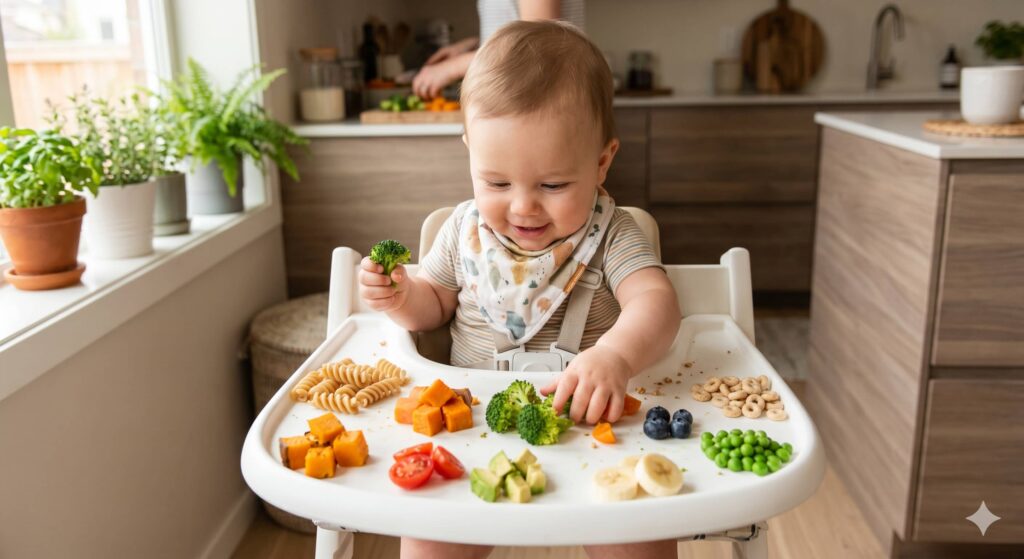 Visualizing healthy 8-month-old baby food ideas: a balanced tray with soft-cooked whole wheat pasta, steamed broccoli, and sweet potato cubes ready for self-feeding