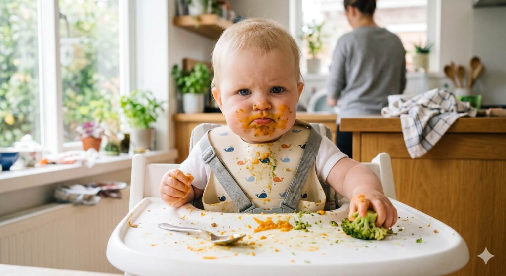 A realistic roadblocks moment: an 8-month-old baby girl with a very messy face after refusing chunky food in a high chair