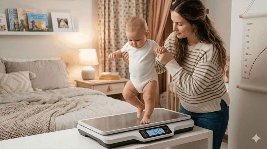 Infant on a pediatrician scale for healthy baby weight gain check