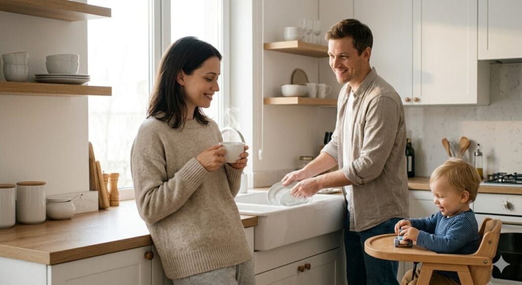A young mother and her partner working together in a kitchen to share household chores, demonstrating how to reduce the mental load of motherhood through partnership and ownership.