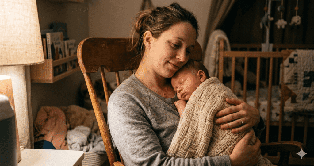A tired mother holding a sleeping baby in a nursery, showing the connection between baby sleep and nutrition.