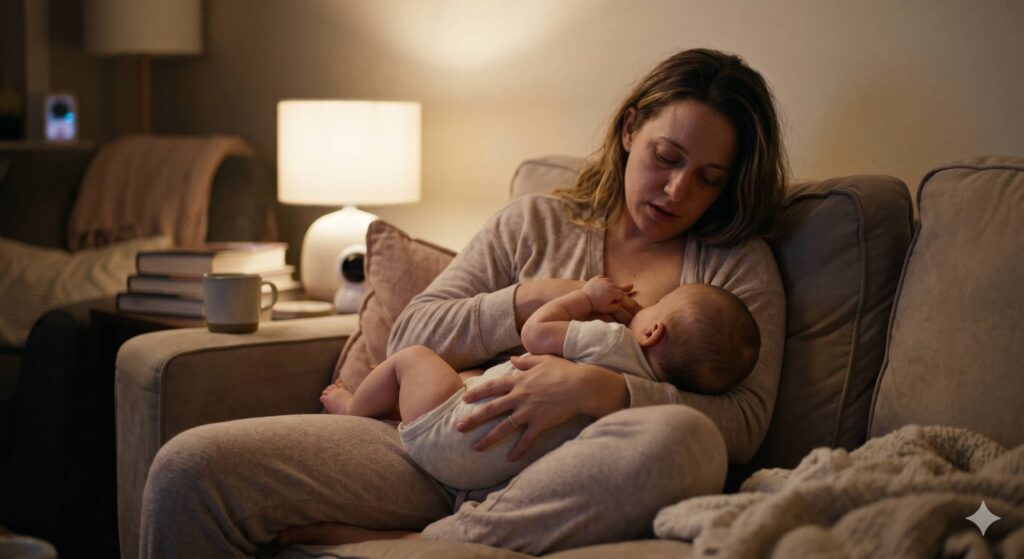 A tired mother breastfeeding her cluster feeding baby on a bed under warm light, illustrating the peak of 6-8 week growth spurts in a 2 month old feeding routine