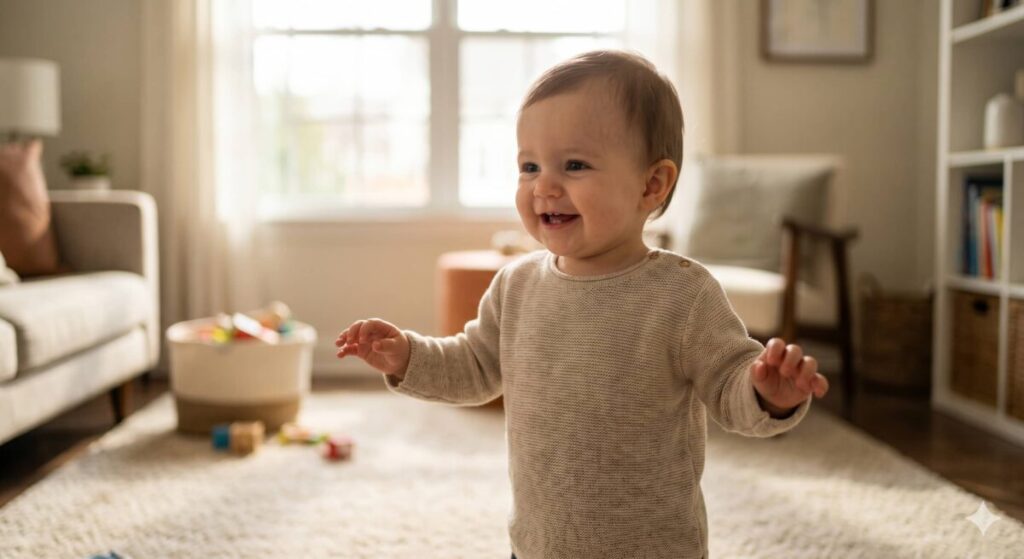 A joyful 11-month-old baby girl taking her first independent steps, a victory in her baby development milestones journey