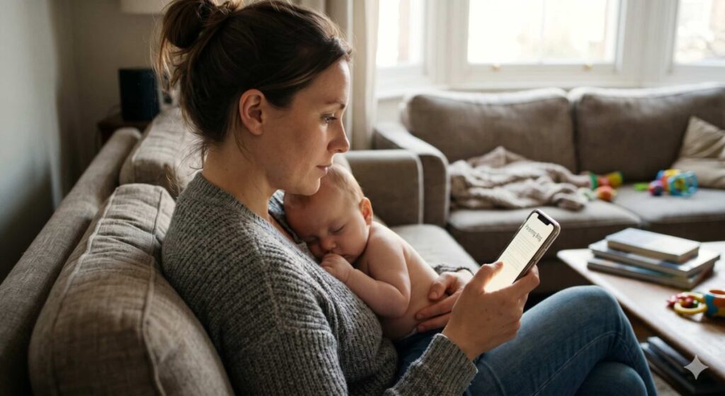 A pensive mother scrolling on her phone, reflecting on trusting your gut and signs of readiness for solids