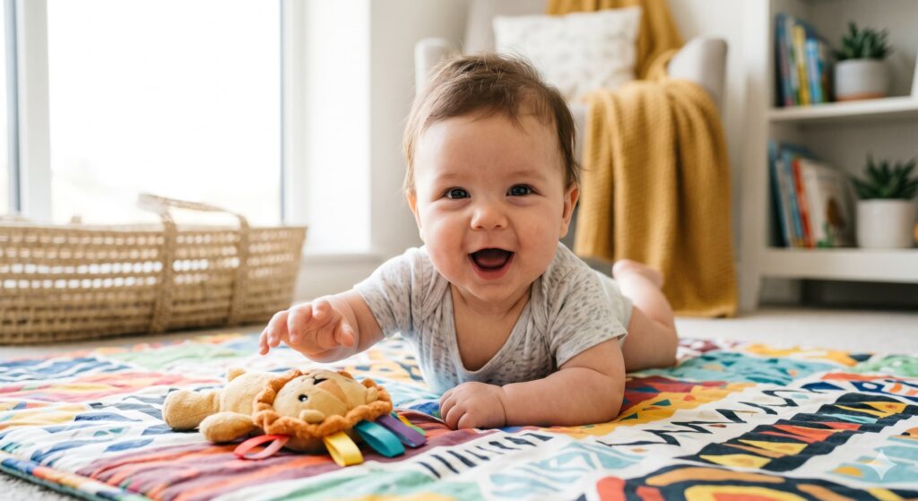 A 3 month old baby during tummy time showing social smiles and developmental milestones