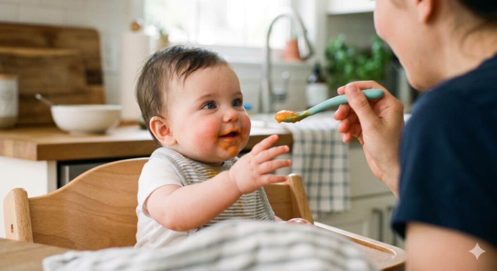 A baby sitting in a high chair showing signs of when can my baby start eating baby food by reaching for a spoon and messy sweet potato puree.