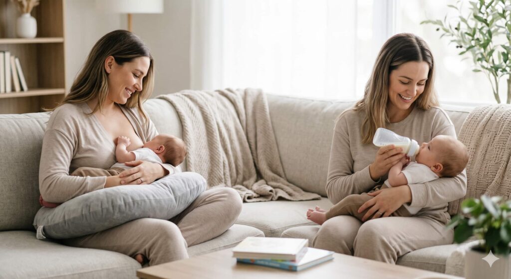 Side-by-side comparison of a mother breastfeeding and another mother bottle-feeding a 2-month-old baby, highlighting that both methods are normal in a 2 month old feeding routine