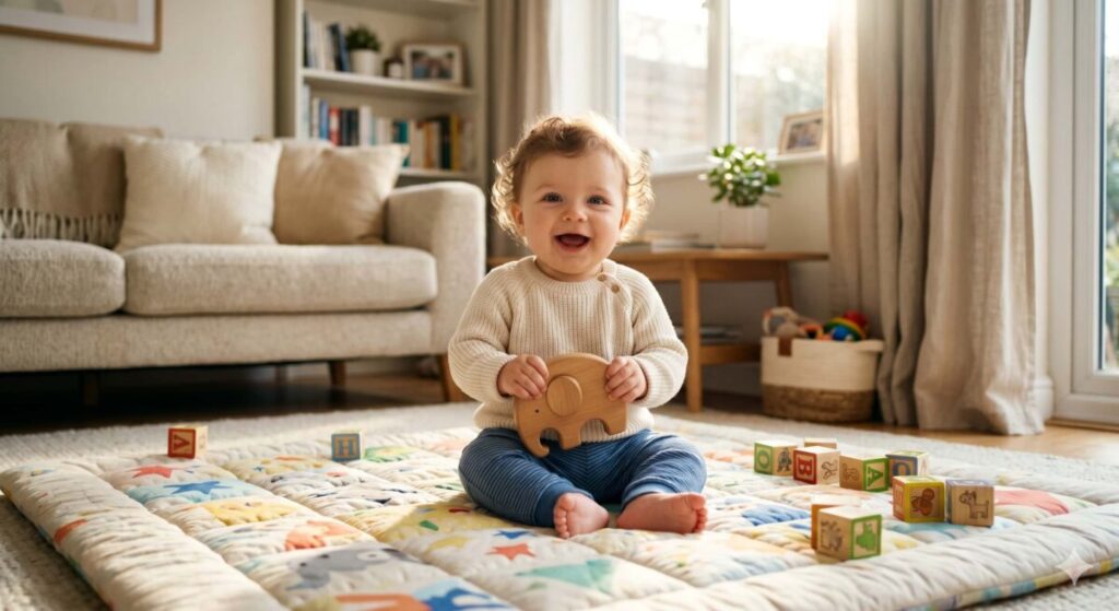 A 7-month-old baby sitting independently, reaching an important milestone in the 6-12 month baby development milestones journey
