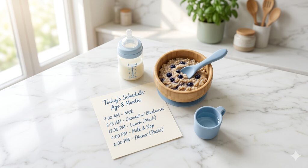 Visualizing a sample 8-month-old baby feeding schedule with milk and solid meals