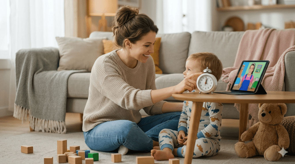 Mother and toddler managing screen time guilt with survival strategies like a timer