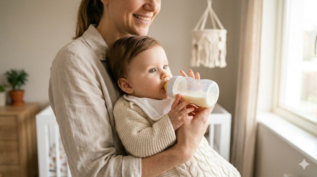 A mother feeding her baby following a 4 month old feeding routine for better sleep and growth