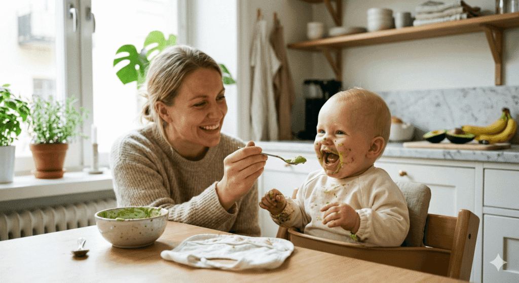 A happy 7 month old baby sitting in a high chair starting her solid starts feeding routine.