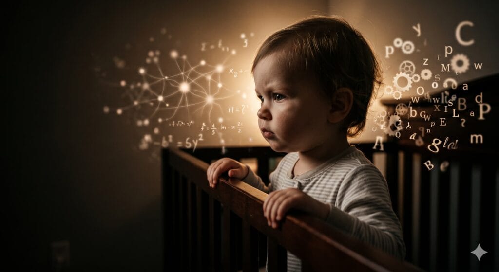 An 18-month-old toddler standing in a crib, illustrating the 'perfect storm' of developmental milestones that cause the sleep regression.