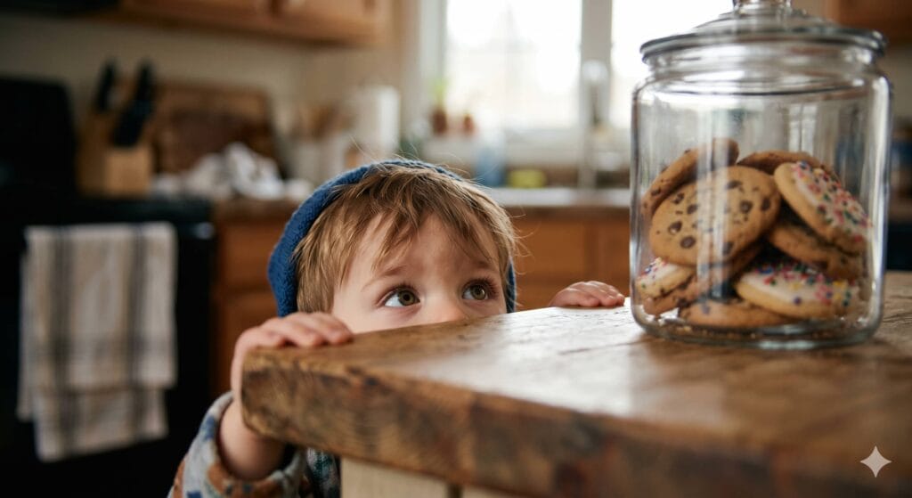 A curious toddler peeking over a table at a forbidden treat, illustrating the "Forbidden Fruit" paradox and sugar boundaries for toddlers.