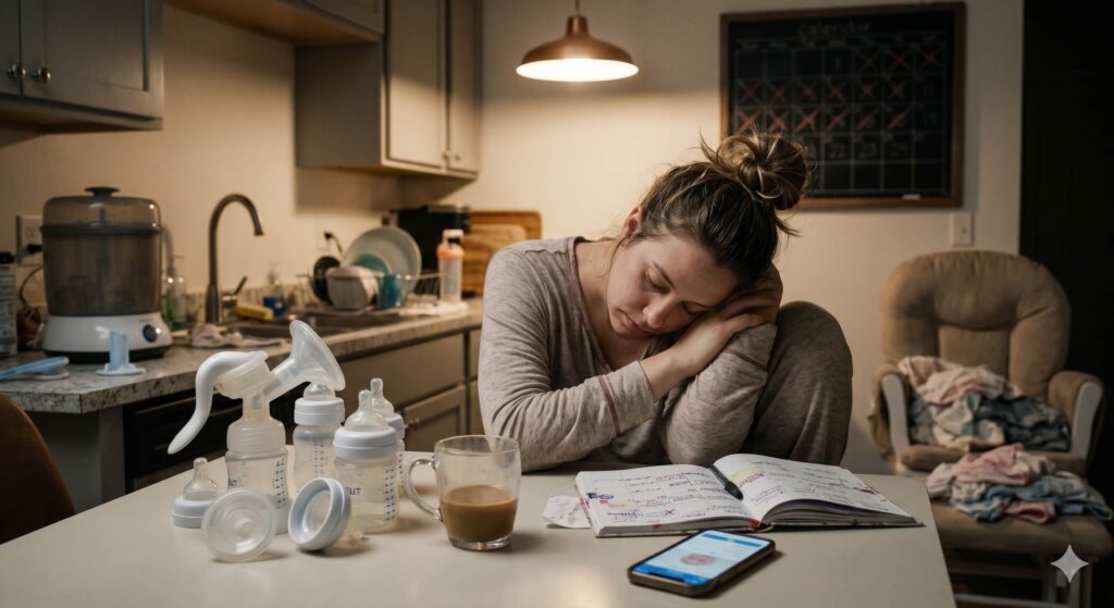 An exhausted mother sitting on the kitchen floor surrounded by baby bottles and a breast pump, depicting the mental load and burnout of managing a 2 month old feeding routine