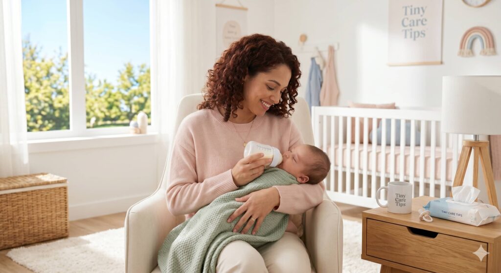 Calm and connected new mother with curly auburn hair and blush sweater tenderly cradling a one-month-old baby in a sage green blanket during a cluster feeding session, illustrating endurance and connection during the 4-week growth spurt marathon, set in a light-filled tidy nursery on Tiny Care Tips.